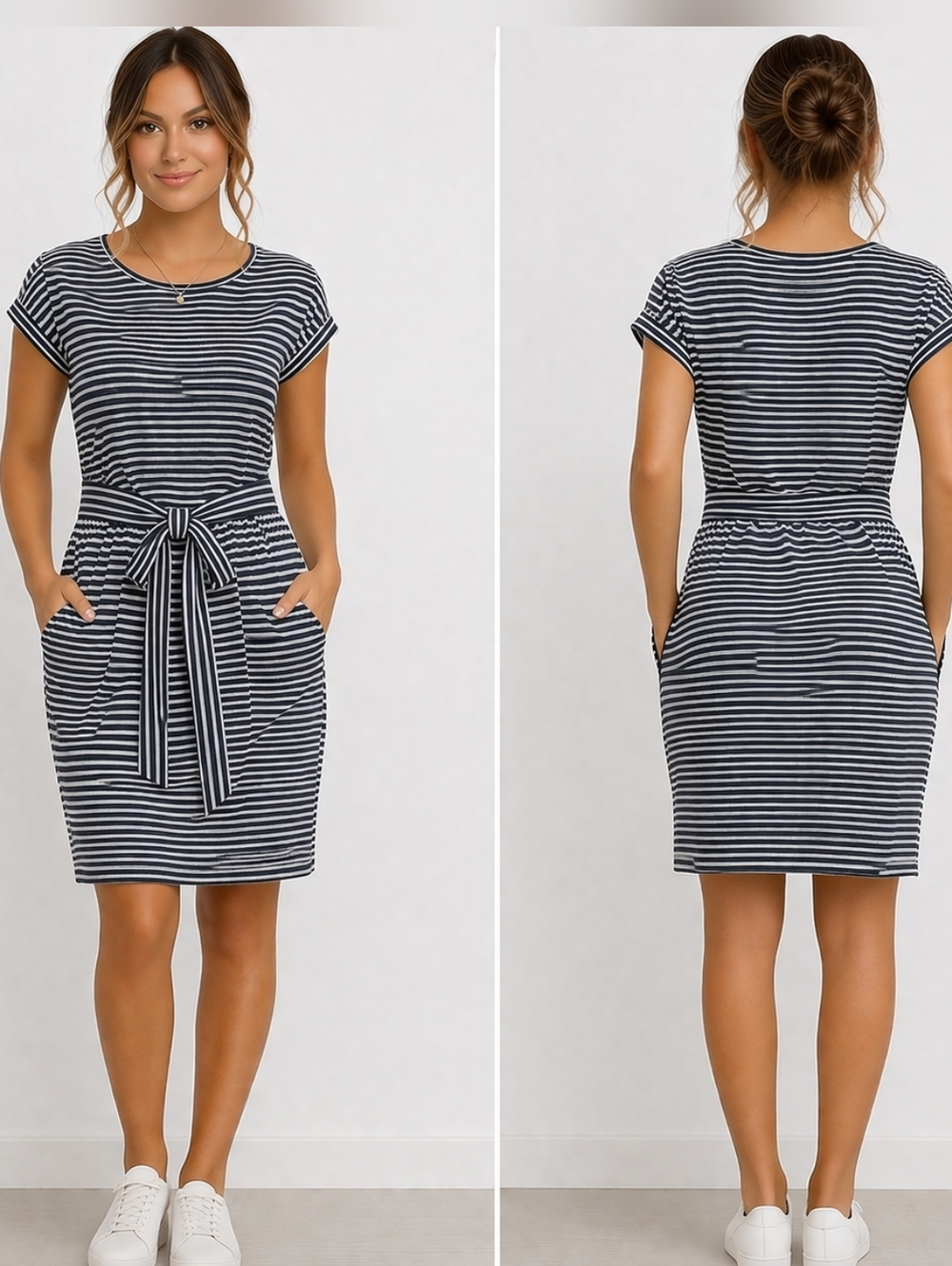 MEROKEETY Navy White Striped Stretch Tie Waist Pocket Dress M